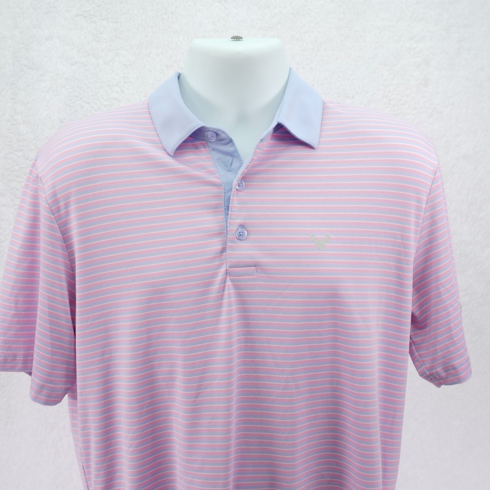 Callaway Opti-Dry Medium Blue Pink Stiriped Polo Shirt Short‎ Sleeve Polyester